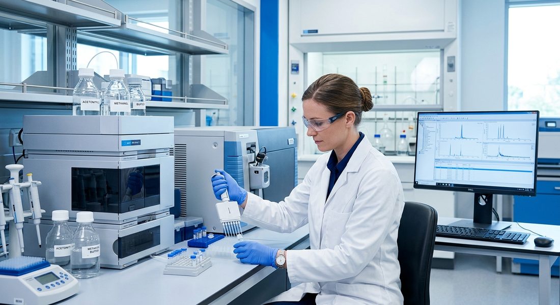 Kovar Analytics scientist performing HPLC peptide purity testing